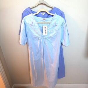 Damart 2 Pack‎ Embroidered Cotton Nightgowns Blue Periwinkle Size 16 NWT